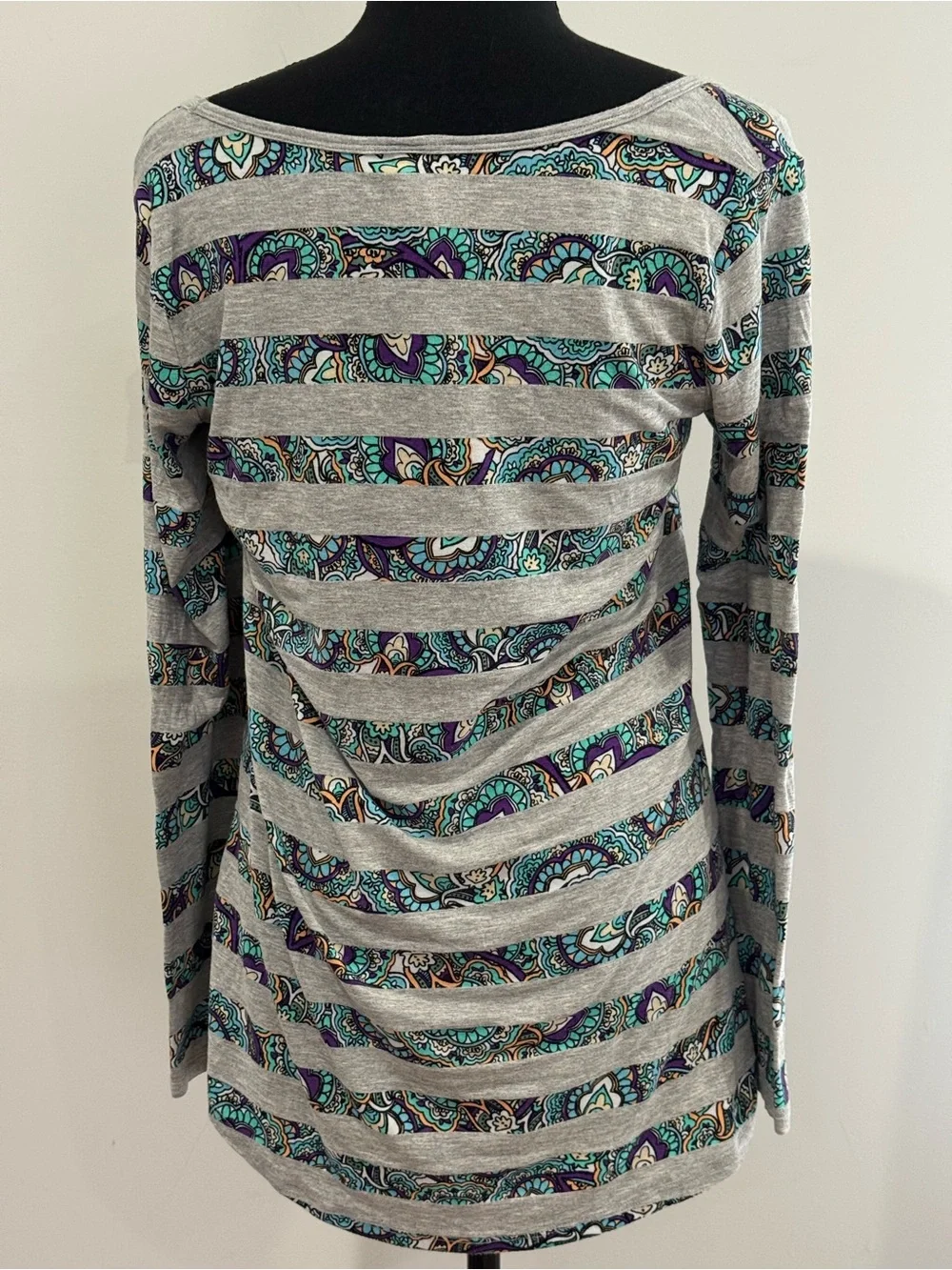 LuLaRoe S Striped Gray Long-Sleeve Top with Teal & Purple Paisley Accent 064